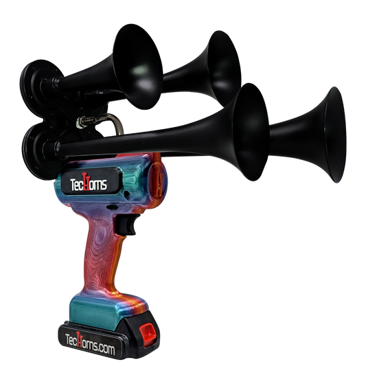 TecHorns Fire & Ice Candy 4-Horn – 130 dB handheld train horn with 20 V lithium battery and charger, featuring a red-to-blue candy finish and compact 4-horn design