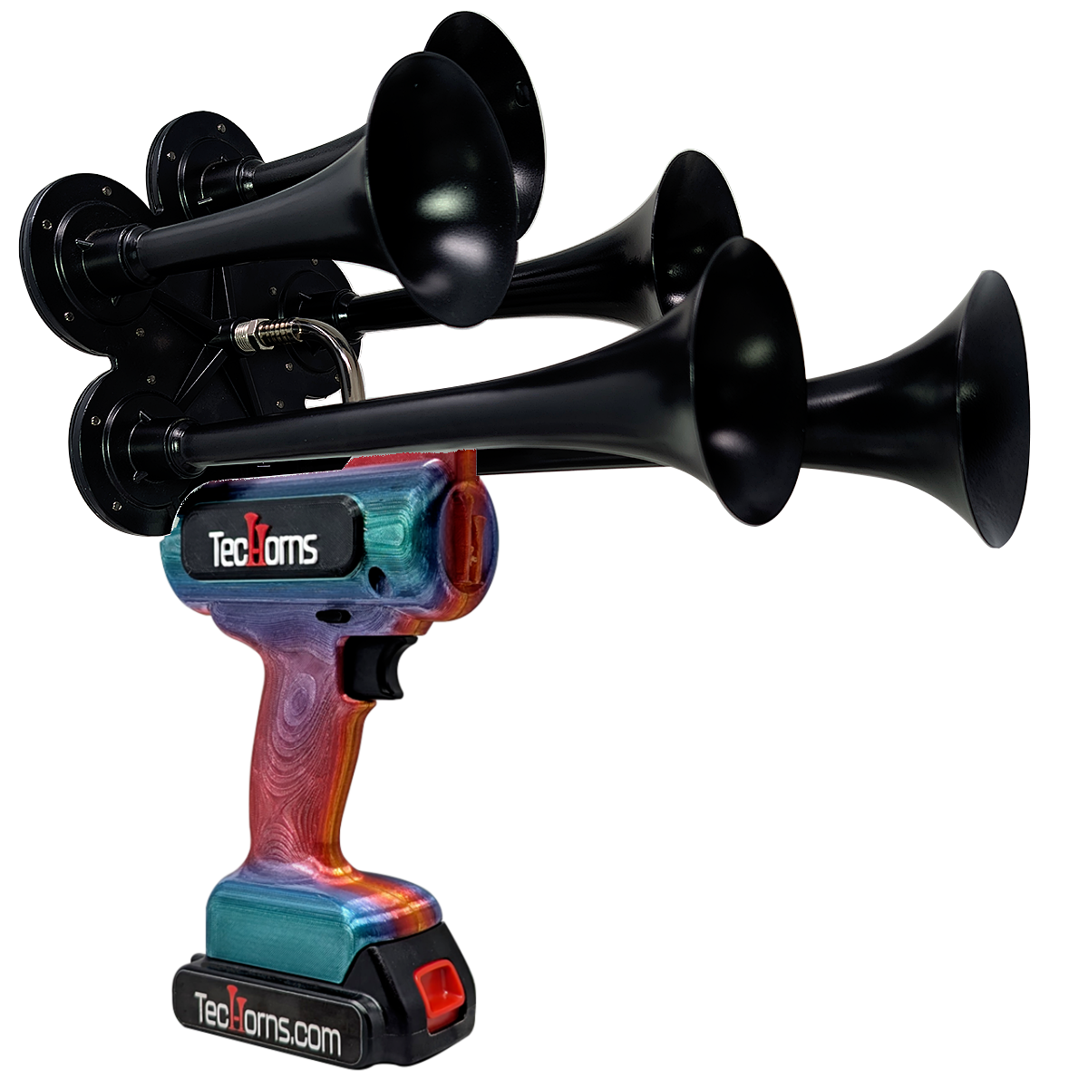 TecHorns Fire & Ice Candy 5-Horn – 130 dB handheld train horn with 20 V lithium battery and charger, featuring a red-to-blue candy finish and deep-tone 5-horn design