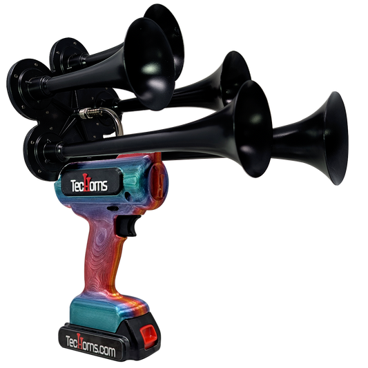 TecHorns Fire & Ice Candy 5-Horn – 130 dB handheld train horn with 20 V lithium battery and charger, featuring a red-to-blue candy finish and deep-tone 5-horn design