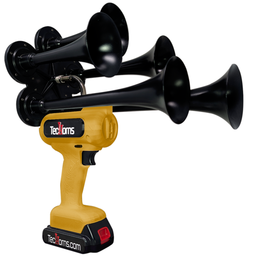 TecHorns Gold 5-Horn – polished single color handheld train horn with 20V lithium battery and charger
