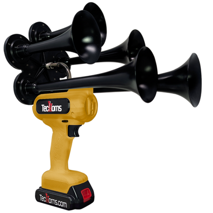 TecHorns Gold 5-Horn – polished single color handheld train horn with 20V lithium battery and charger