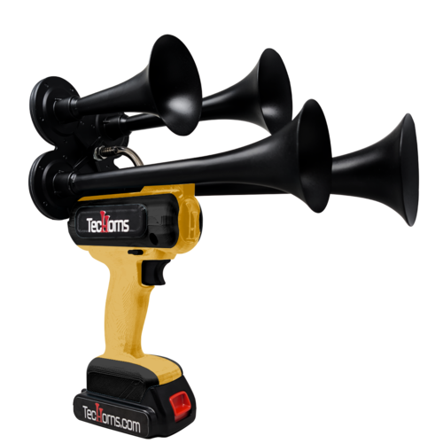 TecHorns Gold and Black 4-Horn – dual color handheld train horn, 130 dB with 20V lithium battery, sleek two-tone finish