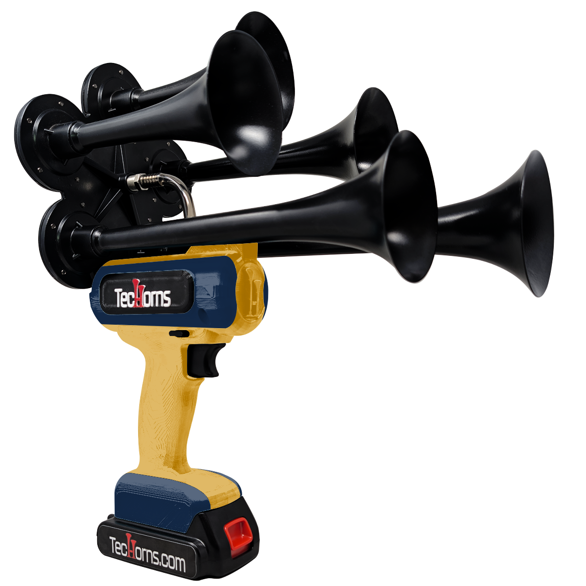 TecHorns Gold and Navy Blue 5-Horn – dual color handheld train horn, 130 dB deep-tone with 20 V lithium battery and charger included