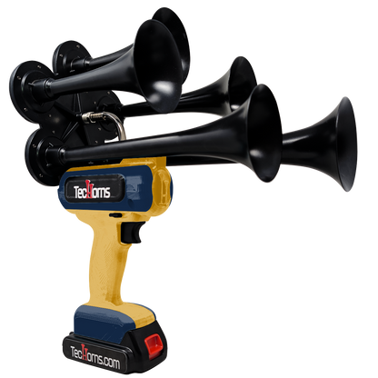 TecHorns Gold and Navy Blue 5-Horn – dual color handheld train horn, 130 dB deep-tone with 20 V lithium battery and charger included