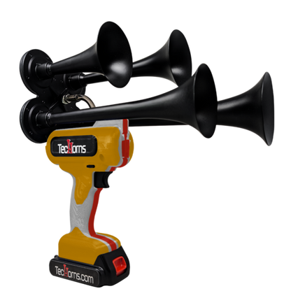 TecHorns Gold, Silver, and Red 4-Horn – triple color handheld train horn, 130 dB deep-tone with 20 V lithium battery