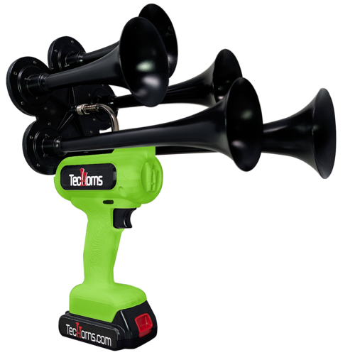 TecHorns Green 5-Horn – custom single color handheld train horn, 20V lithium battery powered, deep 130 dB sound
