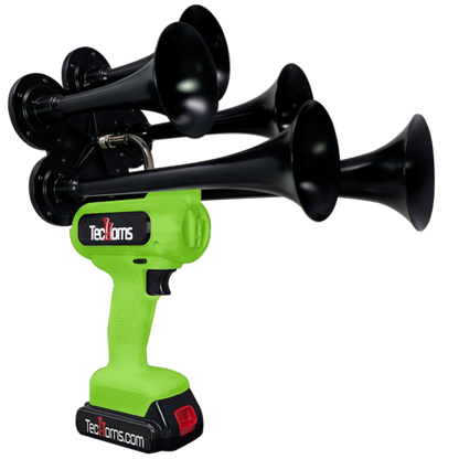 TecHorns Green 5-Horn – custom single color handheld train horn, 20V lithium battery powered, deep 130 dB sound