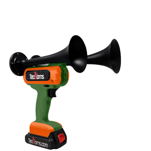 TecHorns Green and Orange 2-Horn – dual color handheld train horn, 20V lithium battery powered, 130 dB blast