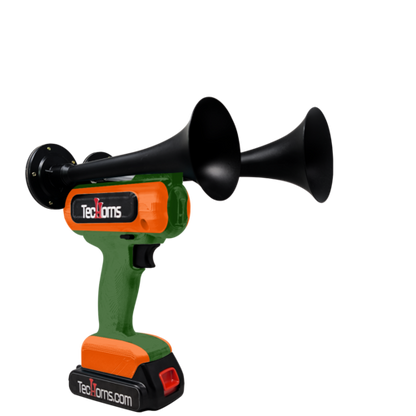 TecHorns Green and Orange 2-Horn – dual color handheld train horn, 20V lithium battery powered, 130 dB blast