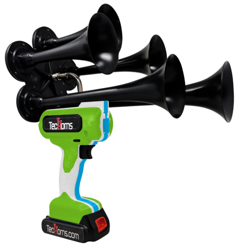 TecHorns Green, White, and Teal 5-Horn – triple color handheld train horn, 130 dB with 20 V lithium battery powered design