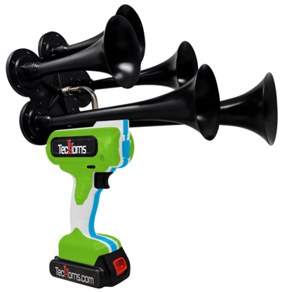 TecHorns Green, White, and Teal 5-Horn – triple color handheld train horn, 130 dB with 20 V lithium battery powered design