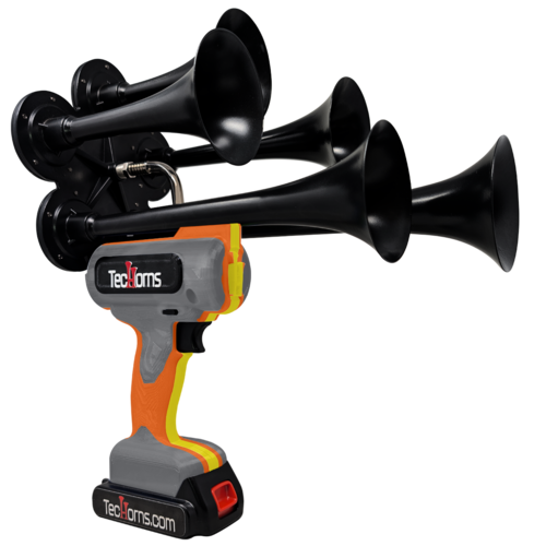 TecHorns Light Gray, Orange, and Yellow 5-Horn – triple color handheld train horn, 130 dB bright tone with 20 V lithium battery