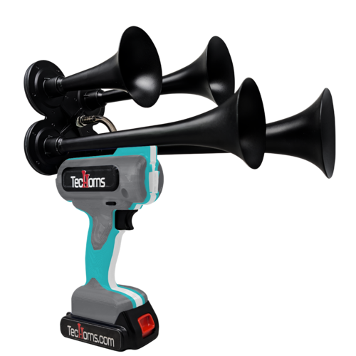 TecHorns Light Gray, Teal, and White 4-Horn – triple color handheld train horn, 130 dB with 20 V lithium battery powered system