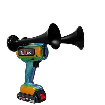 TecHorns Mango Bay Candy 2-Horn – compact handheld train horn with 20 V lithium battery and charger, featuring a candy finish blending mango orange, aqua blue, and golden tones with 130 dB output