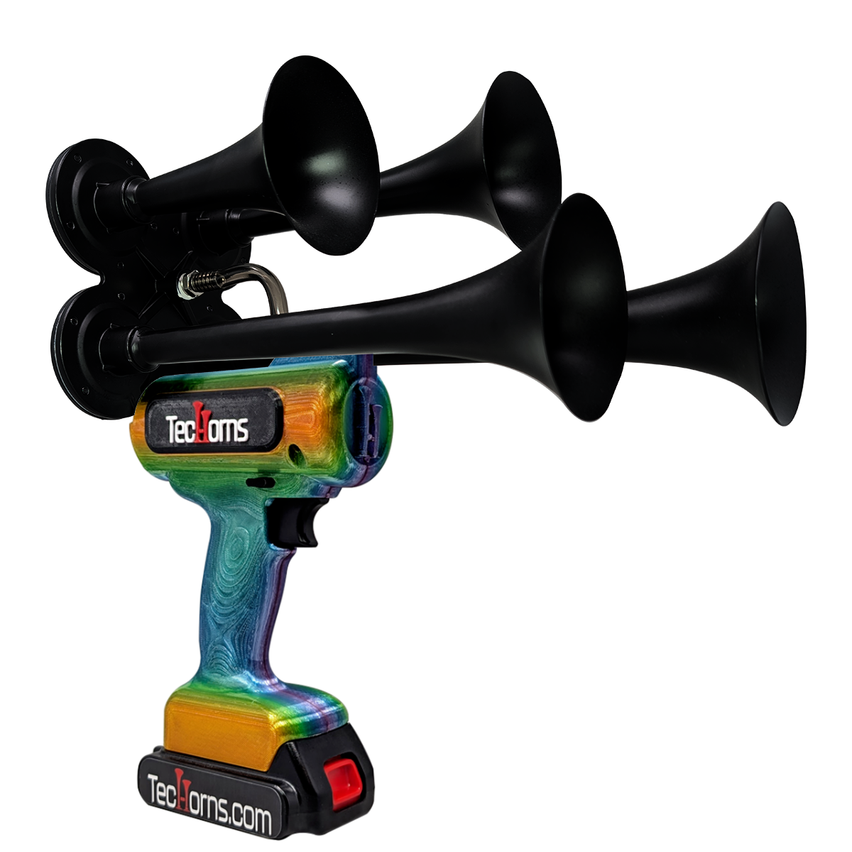 TecHorns Mango Bay Candy 4-Horn – 130 dB handheld train horn with 20 V lithium battery and charger, featuring a candy finish blending mango orange, aqua blue, and sunlit gold tones