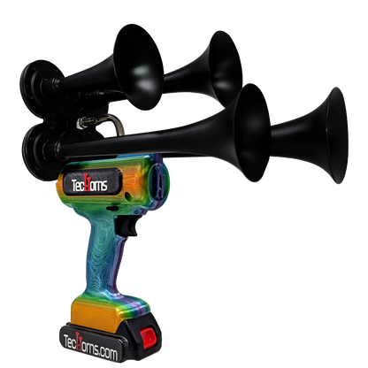 TecHorns Mango Bay Candy 4-Horn – 130 dB handheld train horn with 20 V lithium battery and charger, featuring a candy finish blending mango orange, aqua blue, and sunlit gold tones