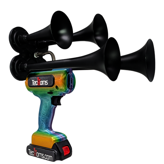 TecHorns Mango Bay Candy 4-Horn – 130 dB handheld train horn with 20 V lithium battery and charger, featuring a candy finish blending mango orange, aqua blue, and sunlit gold tones
