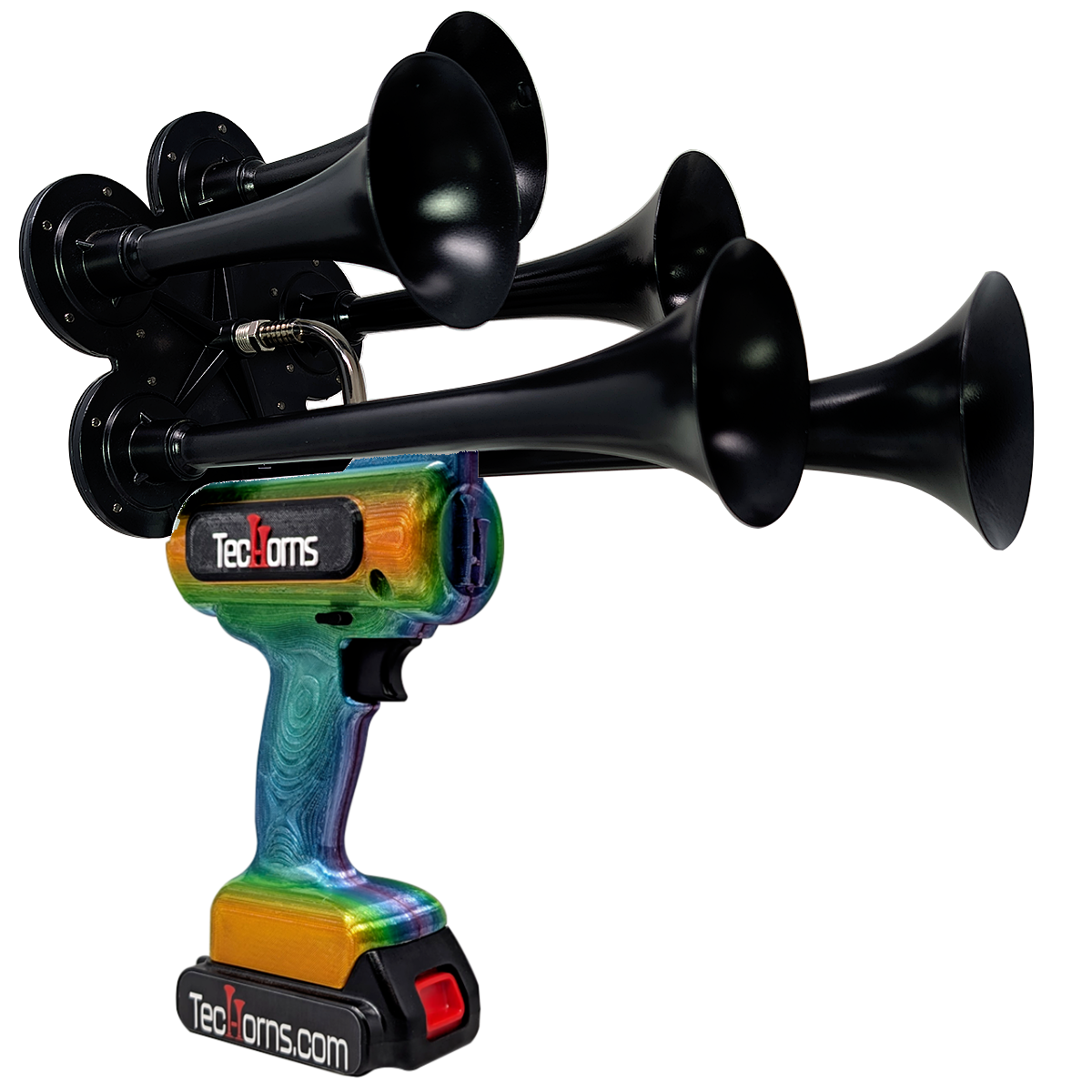 TecHorns Mango Bay Candy 5-Horn – 130 dB handheld train horn with 20 V lithium battery and charger, featuring a tropical candy finish blending vibrant mango orange, aqua blue, and golden-yellow tones