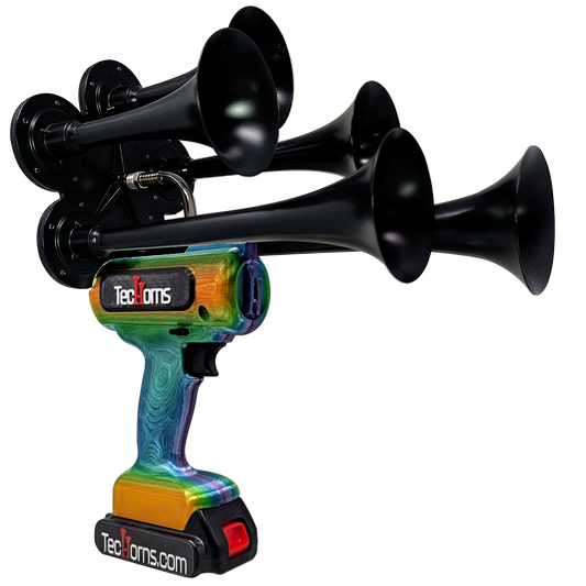 TecHorns Mango Bay Candy 5-Horn – 130 dB handheld train horn with 20 V lithium battery and charger, featuring a tropical candy finish blending vibrant mango orange, aqua blue, and golden-yellow tones