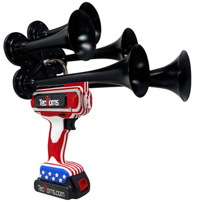 TecHorns ‘Merica 5-Horn – 130 dB handheld train horn with 20 V lithium battery and charger, featuring bold red, white, and blue horns in a patriotic finish