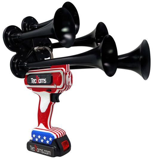 TecHorns ‘Merica 5-Horn – 130 dB handheld train horn with 20 V lithium battery and charger, featuring bold red, white, and blue horns in a patriotic finish