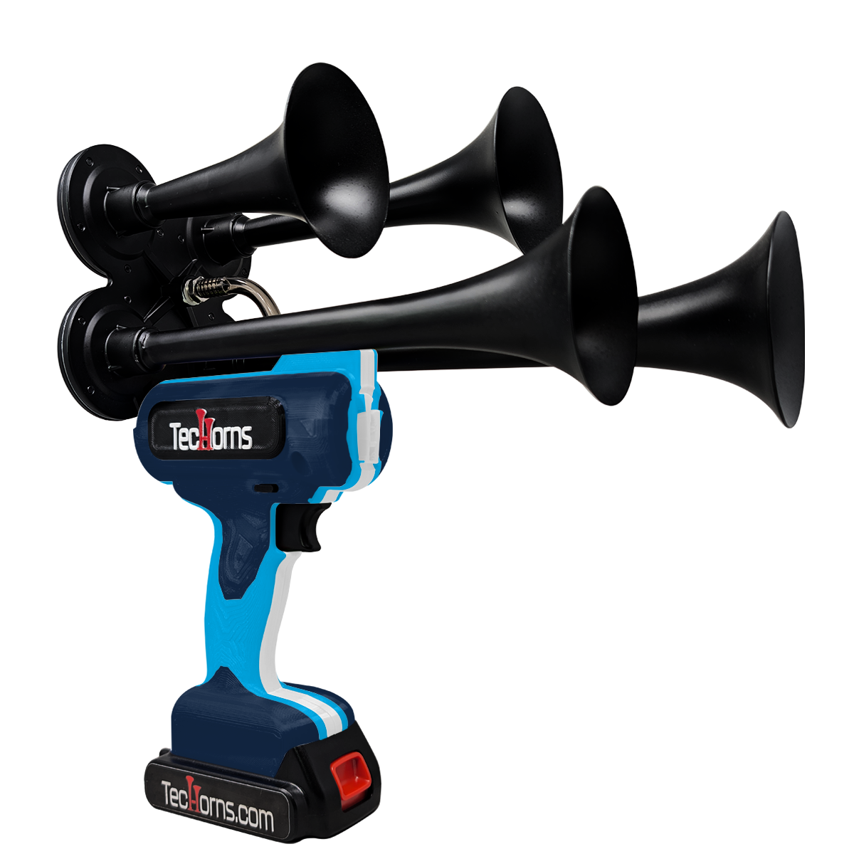 TecHorns Navy Blue, Baby Blue, and White 4-Horn – triple color handheld train horn, 130 dB with 20 V lithium battery powered design