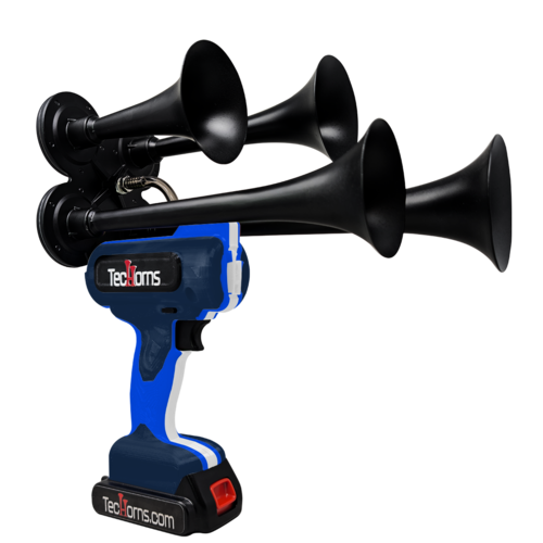 TecHorns Navy Blue, Blue, and White 4-Horn – triple color handheld train horn, 130 dB loud with 20 V lithium battery and charger included