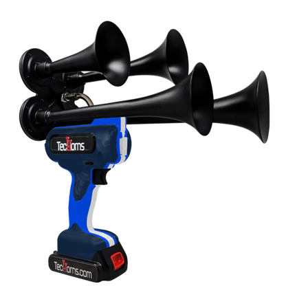 TecHorns Navy Blue, Blue, and White 4-Horn – triple color handheld train horn, 130 dB loud with 20 V lithium battery and charger included
