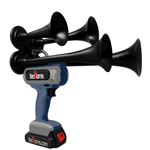 TecHorns Navy Blue and Dark Gray 4-Horn – dual color handheld train horn, 130 dB loud with 20V lithium battery and charger included