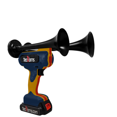 TecHorns Navy Blue, Gold, and Red 2-Horn – triple color handheld train horn, 130 dB deep-tone with 20 V lithium battery powered system