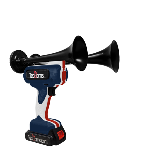 TecHorns Navy Blue, White, and Red 2-Horn – triple color handheld train horn, 130 dB patriotic design with 20 V lithium battery