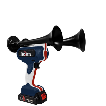 TecHorns Navy Blue, White, and Red 2-Horn – triple color handheld train horn, 130 dB patriotic design with 20 V lithium battery
