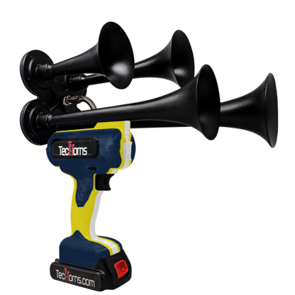 TecHorns Navy, Yellow, and White 4-Horn – triple color handheld train horn, 130 dB with 20 V lithium battery powered design