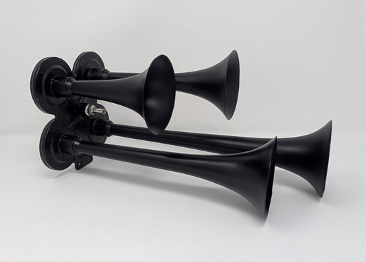 TecHorns Only Horns DIY 4-Horn – black four-horn array designed for custom train horn builds, compatible with TecHorns DIY kits and existing 20 V battery-powered compressors