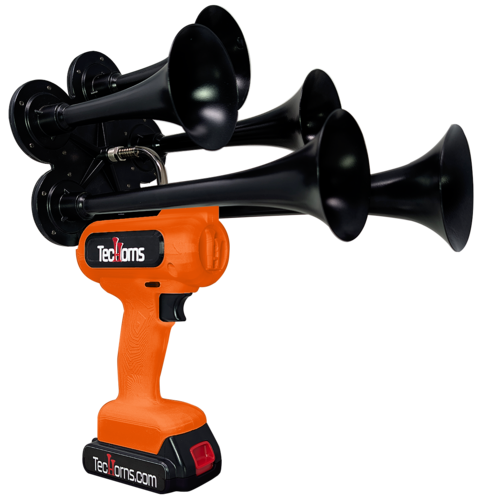 TecHorns Orange 5-Horn – vibrant single color handheld train horn, 20V lithium powered, 130 dB loud