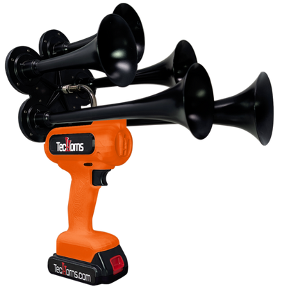 TecHorns Orange 5-Horn – vibrant single color handheld train horn, 20V lithium powered, 130 dB loud