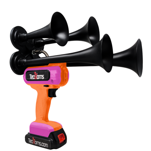 TecHorns Orange and Bubble Gum 4-Horn – fun dual color handheld train horn, 130 dB loud with 20V lithium battery