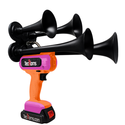 TecHorns Orange and Bubble Gum 4-Horn – fun dual color handheld train horn, 130 dB loud with 20V lithium battery