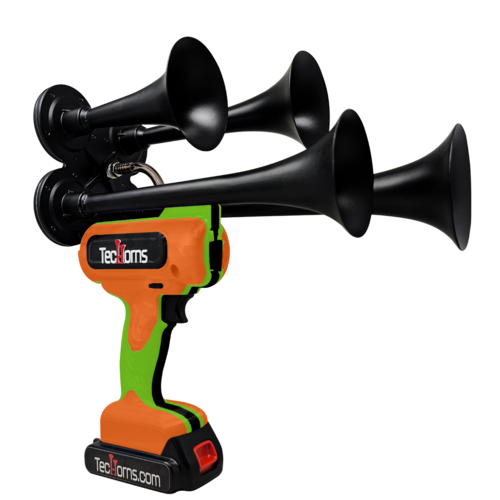 TecHorns Orange, Green, and Black 4-Horn – triple color handheld train horn, 130 dB with 20 V lithium battery and charger included