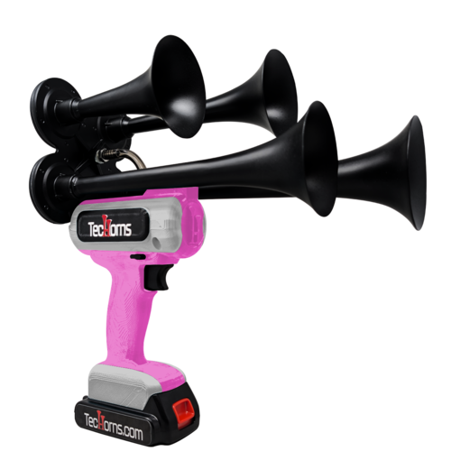 TecHorns Pink and Silver 4-Horn – dual color handheld train horn, 130 dB with 20V lithium battery and charger
