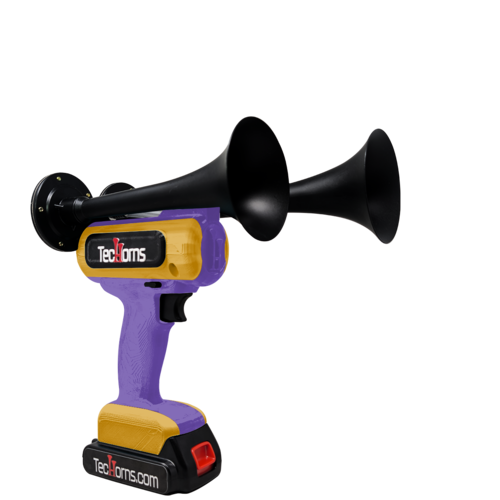 TecHorns Purple and Gold 2-Horn – dual color handheld train horn, 130 dB, 20V lithium battery powered