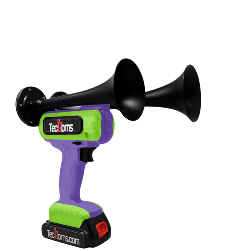 TecHorns Purple and Green 2-Horn – dual color handheld train horn, 130 dB, 20V lithium powered