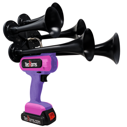 TecHorns Purple and Pink 5-Horn – dual color handheld train horn, 130 dB loud with 20 V lithium battery and charger