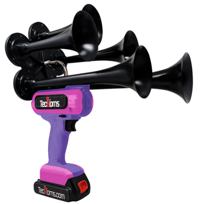 TecHorns Purple and Pink 5-Horn – dual color handheld train horn, 130 dB loud with 20 V lithium battery and charger