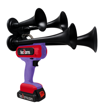 TecHorns Purple and Red 4-Horn – bold dual color handheld train horn, 130 dB with 20V lithium battery and charger included