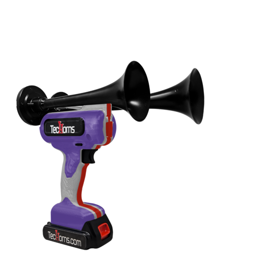 TecHorns Purple, Silver, and Red 2-Horn – triple color handheld train horn, 130 dB loud with 20 V lithium battery powered design