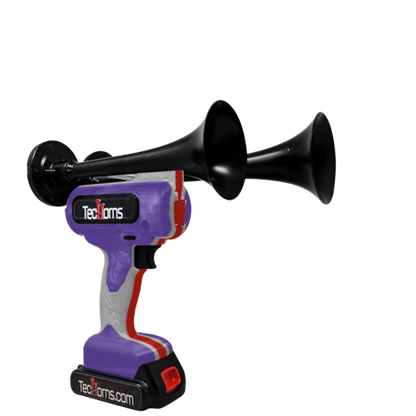 TecHorns Purple, Silver, and Red 2-Horn – triple color handheld train horn, 130 dB loud with 20 V lithium battery powered design