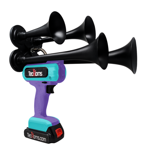 TecHorns Purple and Teal 4-Horn – dual color handheld train horn, 130 dB with 20V lithium battery powered system