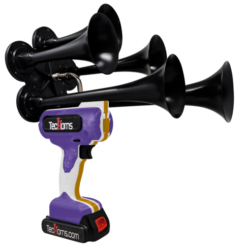 TecHorns Purple, White, and Gold 5-Horn – triple color handheld train horn, 130 dB with 20 V lithium battery and charger