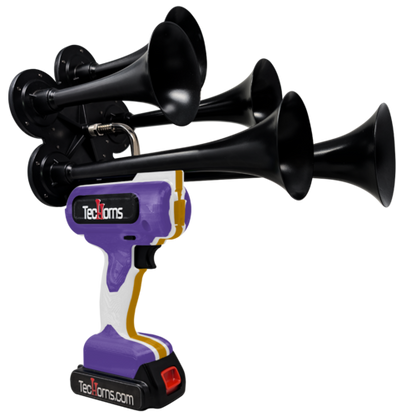 TecHorns Purple, White, and Gold 5-Horn – triple color handheld train horn, 130 dB with 20 V lithium battery and charger